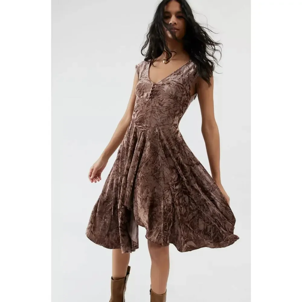 Silence + Noise Corina‎ Mini Dress Women's Size M Brown Crushed Velvet V-Neck